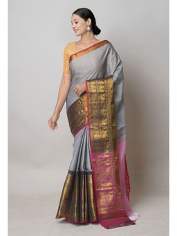 Unnati Silks - Grey Pure Handloom Narayanpet Cotton Saree with Unstitched Blouse