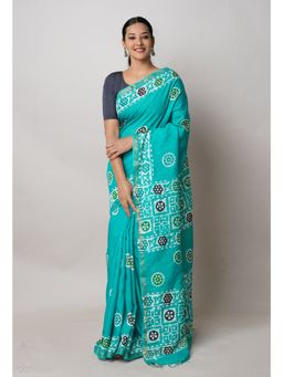 Unnati Silks - Green Hand Block Batik Print Mercerized Chanderi Sico Saree with Unstitched Blouse