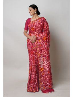 Unnati Silks - Maroon Hand Block Batik Print Mercerized Chanderi Sico Saree with Unstitched Blouse