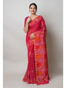 Unnati Silks - Red Hand Block Batik Print Mercerized Chanderi Sico Saree with Unstitched Blouse