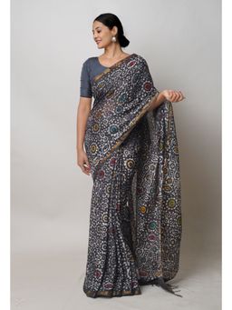 Unnati Silks - Black Hand Block Batik Print Mercerized Chanderi Sico Saree with Unstitched Blouse
