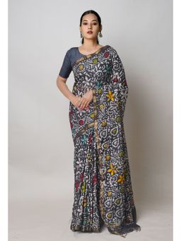 Unnati Silks - Black Hand Block Batik Print Mercerized Chanderi Sico Saree with Unstitched Blouse