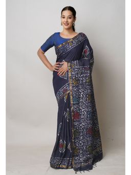 Unnati Silks - Navy Blue Hand Block Batik Print Mercerized Chanderi Sico Saree with Unstitched Blouse
