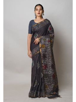 Unnati Silks - Black Hand Block Batik Print Mercerized Chanderi Sico Saree with Unstitched Blouse