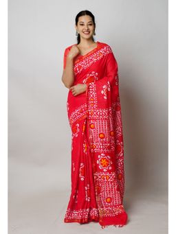 Unnati Silks - Red Hand Block Batik Print Mercerized Chanderi Sico Saree with Unstitched Blouse