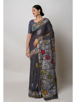 Unnati Silks - Black Hand Block Batik Print Mercerized Chanderi Sico Saree with Unstitched Blouse