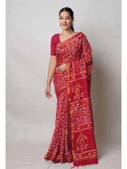 Unnati Silks - Maroon Hand Block Batik Print Mercerized Chanderi Sico Saree with Unstitched Blouse