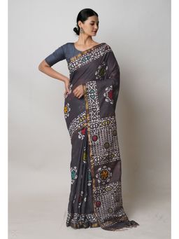 Unnati Silks - Black Hand Block Batik Print Mercerized Chanderi Sico Saree with Unstitched Blouse