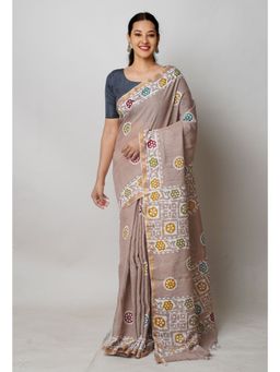 Unnati Silks - Beige Hand Block Batik Print Mercerized Chanderi Sico Saree with Unstitched Blouse