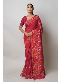 Unnati Silks - Red Hand Block Batik Print Mercerized Chanderi Sico Saree with Unstitched Blouse