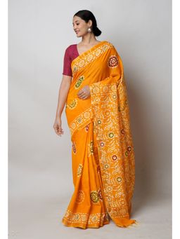 Unnati Silks - Yellow Hand Block Batik Print Mercerized Chanderi Sico Saree with Unstitched Blouse