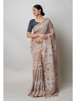 Unnati Silks - Beige Hand Block Batik Print Mercerized Chanderi Sico Saree with Unstitched Blouse