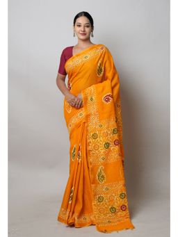 Unnati Silks - Yellow Hand Block Batik Print Mercerized Chanderi Sico Saree with Unstitched Blouse