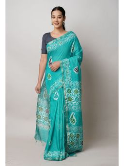 Unnati Silks - Green Hand Block Batik Print Mercerized Chanderi Sico Saree with Unstitched Blouse