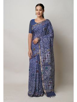 Unnati Silks - Navy Blue Hand Block Batik Print Mercerized Chanderi Sico Saree with Unstitched Blouse