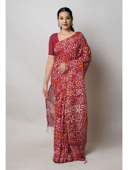 Unnati Silks - Red Hand Block Batik Print Mercerized Chanderi Sico Saree with Unstitched Blouse