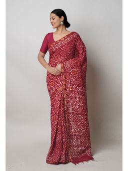 Unnati Silks - Maroon Hand Block Batik Print Mercerized Chanderi Sico Saree with Unstitched Blouse