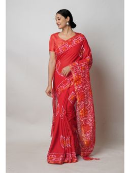 Unnati Silks - Red Hand Block Batik Print Mercerized Chanderi Sico Saree with Unstitched Blouse