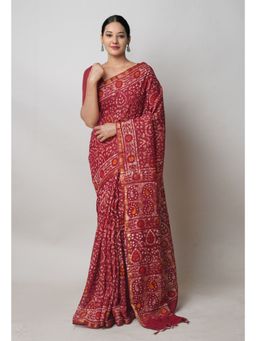 Unnati Silks - Maroon Hand Block Batik Print Mercerized Chanderi Sico Saree with Unstitched Blouse