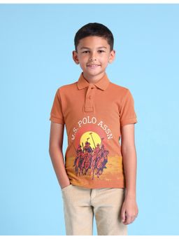 U.S. POLO ASSN. - Graphic Rust Half Sleeves Collar Neck Polo T-Shirt