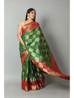 KISHORI - Womens Bandhani and Banarasi Saree and Blouse Fabric-Green-Red