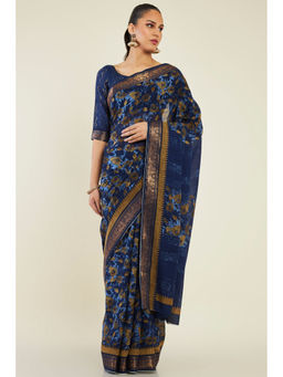 Soch - Women Blue Cotton Floral Saree with Unstitched