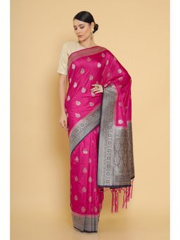 Soch - Magenta Tussar Silk Saree and Woven Zari Designs with Unstitched Blouse
