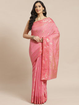 Indethnic - Banarasi Pink Woven Design Daily Wear Saree With Unstitched Blouse