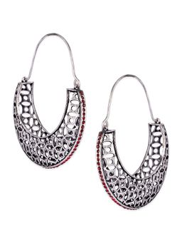 Voylla - Arabian Nights Antique Crescent Moon Silver Brass Earrings with Red Stone