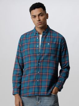 The Bear House - Men Teal Checked Slim Fit Cotton Casual Shirt