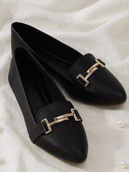 YASSIO - Women Satin Black Ballerina With Golden Buckle