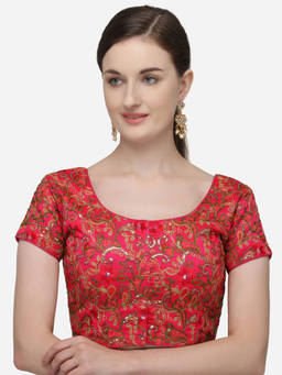 Amrutam Fab - Womens Embroidered And Sequins Work Pink Silk Stiched Blouse With Round Neck