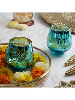 HomeTown - Zahara Glass Leaf Print Votive Set Of 2 Piece 9Cm In Aqua & Gold Colour