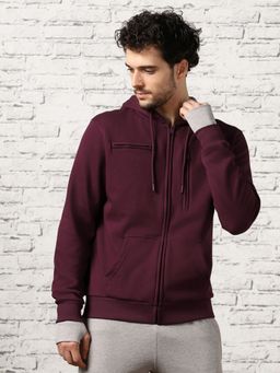 Nobero - Men's Travel Cotton Multiple Pockets Zipper Burgundy Hoodie