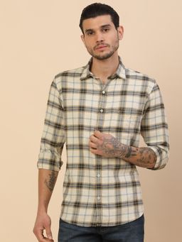 Cantabil - Breathable and Soft with Color Fastness Regular Fit Checks Ivory Shirt