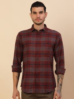 Cantabil - Breathable and Soft with Color Fastness Regular Fit Checks Maroon Shirt