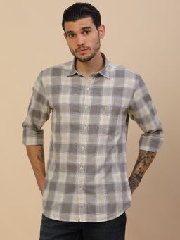Cantabil - Breathable and Soft with Color Fastness Regular Fit Checks Grey Shirt