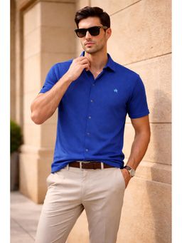Parcel Yard - Men's Casual Plain Half Sleeve Regular Fit Cotton Blue Shirt