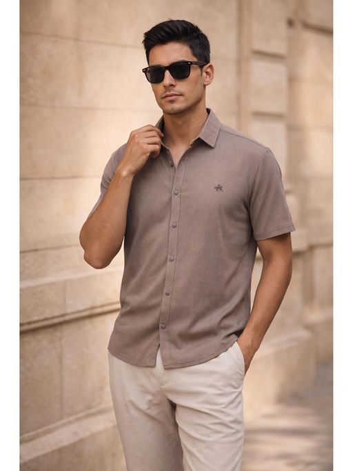 Parcel Yard Men's Casual Plain Half Sleeve Regular Fit Cotton Taupe Shirt