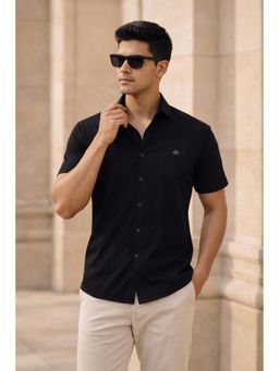 Parcel Yard - Men's Casual Plain Half Sleeve Regular Fit Cotton Black Shirt