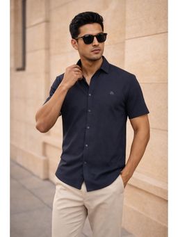 Parcel Yard - Men's Casual Plain Half Sleeve Regular Fit Cotton Navy Blue Shirt