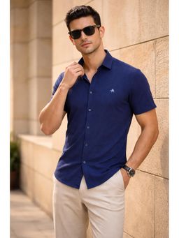Parcel Yard - Men's Casual Plain Half Sleeve Regular Fit Cotton Navy Blue Shirt
