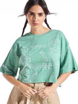 Bewakoof - Air 1.0 Women's Granite Green Rick N Morty Chats Graphic Printed Oversized Short Top