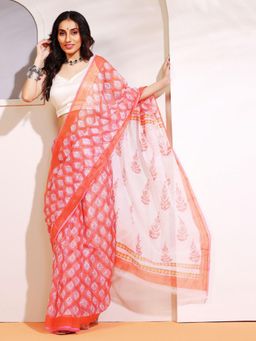 Aditri - Handloom Kota Doria Hand Block Print Orange Saree With Blouse Piece