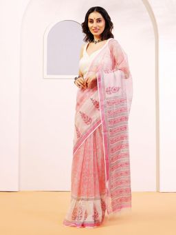 Aditri - Handloom Kota Doria Hand Block Print Peach Saree With Blouse Piece