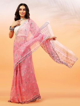 Aditri - Handloom Kota Doria Hand Block Print Pink Saree With Blouse Piece