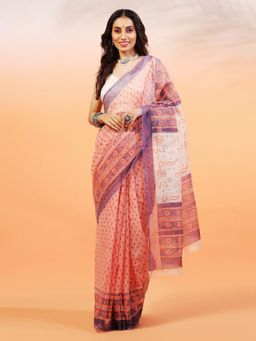 Aditri - Handloom Kota Doria Hand Block Print Orange Saree With Blouse Piece