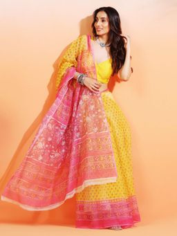 Aditri - Handloom Kota Doria Hand Block Print Yellow Saree With Blouse Piece