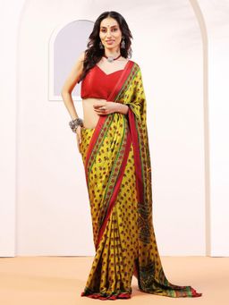 Aditri - Handprinted Ajrakh On Modal Silk Yellow Saree With Running Blouse