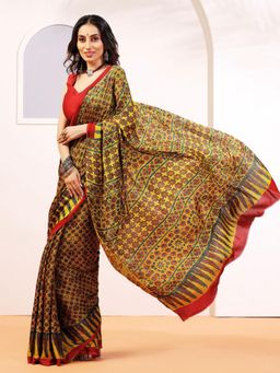 Aditri - Handprinted Ajrakh On Modal Silk Yellow Saree With Running Blouse